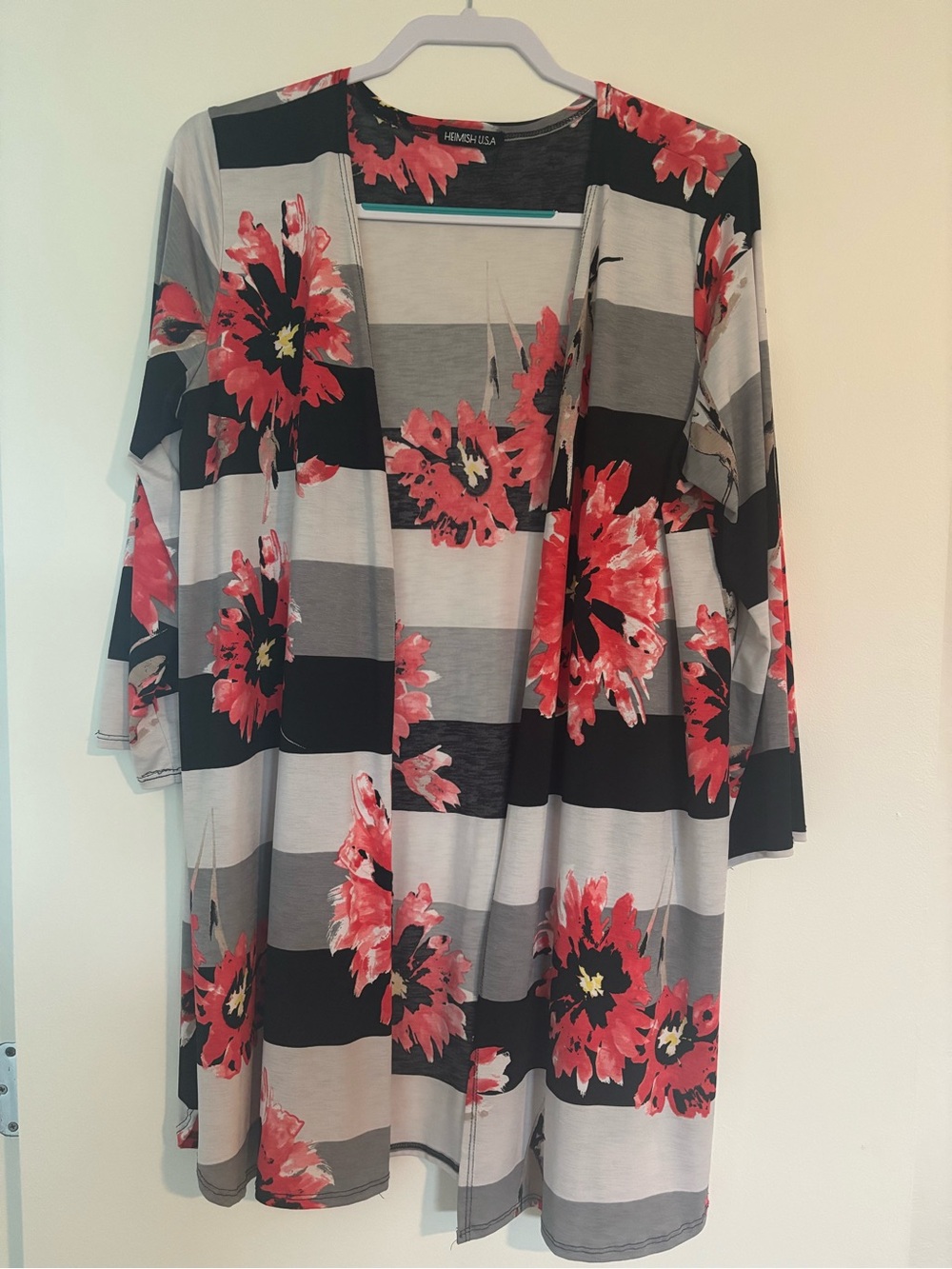 HEIMISH USA Floral Stripe Open Cardigan - Coral, Black, Gray